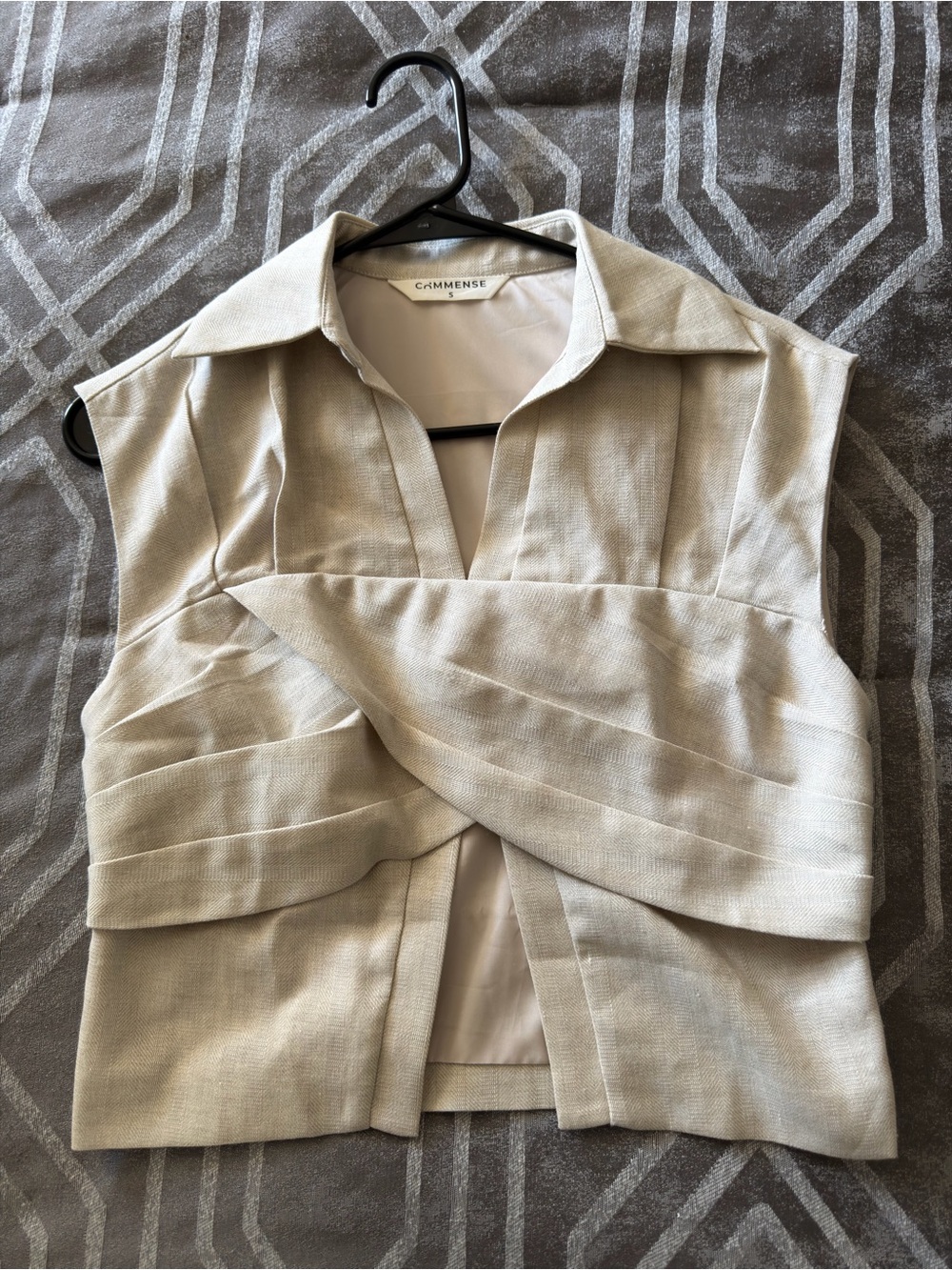 Neutral Beige Twist-Front Collared Top